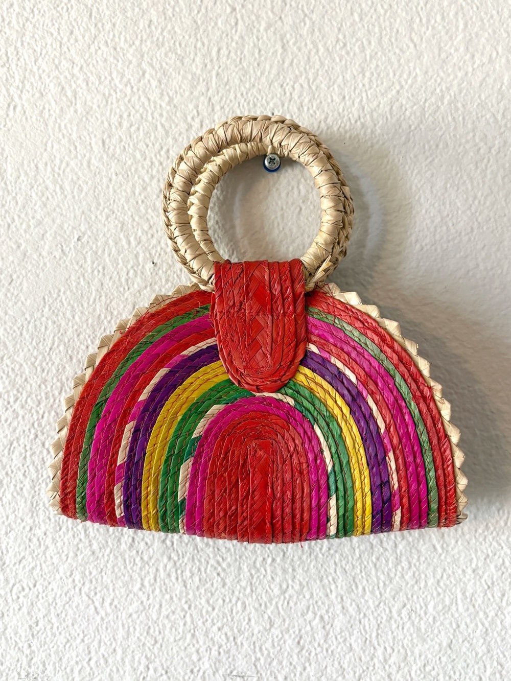 Rainbow Straw Mini Quesadilla Palm Bag with Red Accent - Colorful Boho Festival